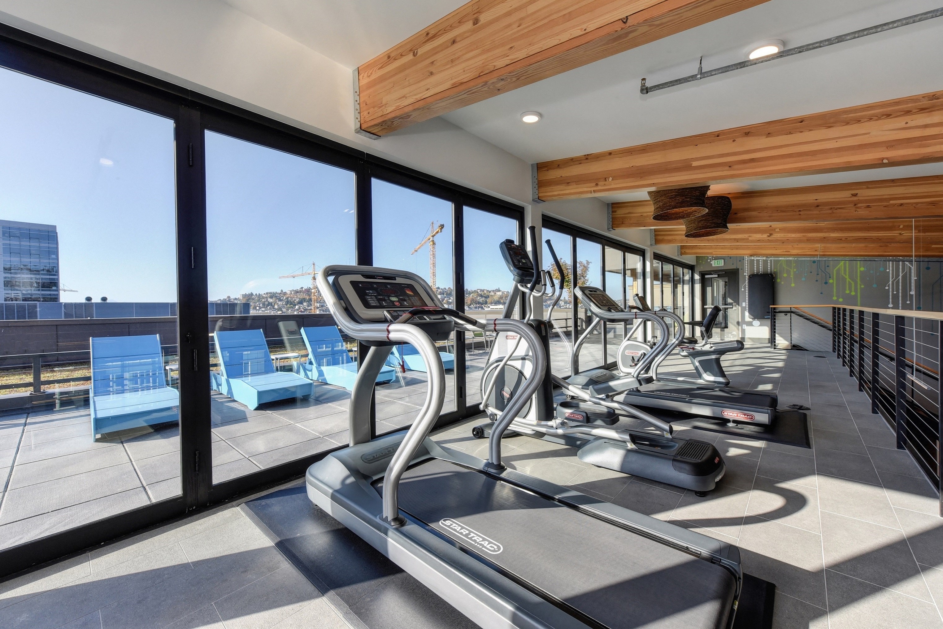 Fitness Center with Treadmills, Ellipticals, and View of Blue Lounge Chairs through Window